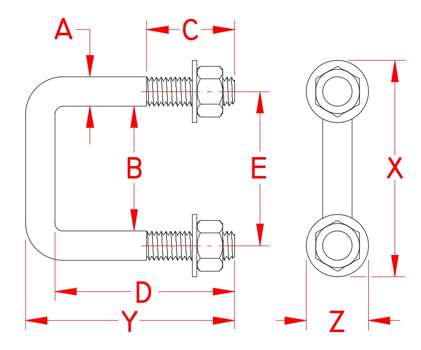 Stainless Steel Square U-Bolt, S0356-102X3, S0356-102X5, S0356-102X7, S0356-104X3, S0356-104X5, S0356-104X7, S0356-106X5, S0356-106X7, S0356-106X9, Line Drawing